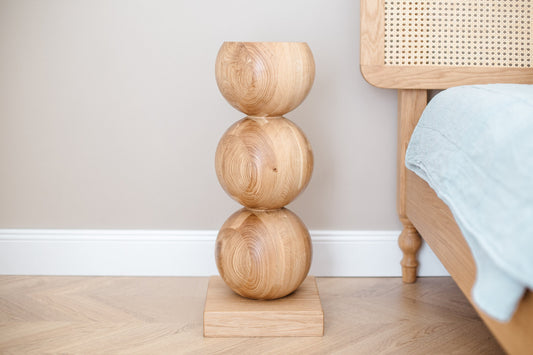 Elegant Bedside Table – Handcrafted Wood with Central Sphere Accent H580 mm